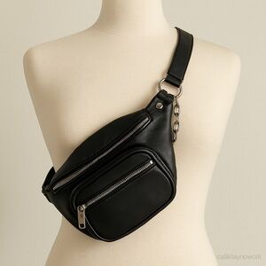 Unbranded Black Leather Belt Bag‎ with Silver Chain Unisex Fanny Pack
